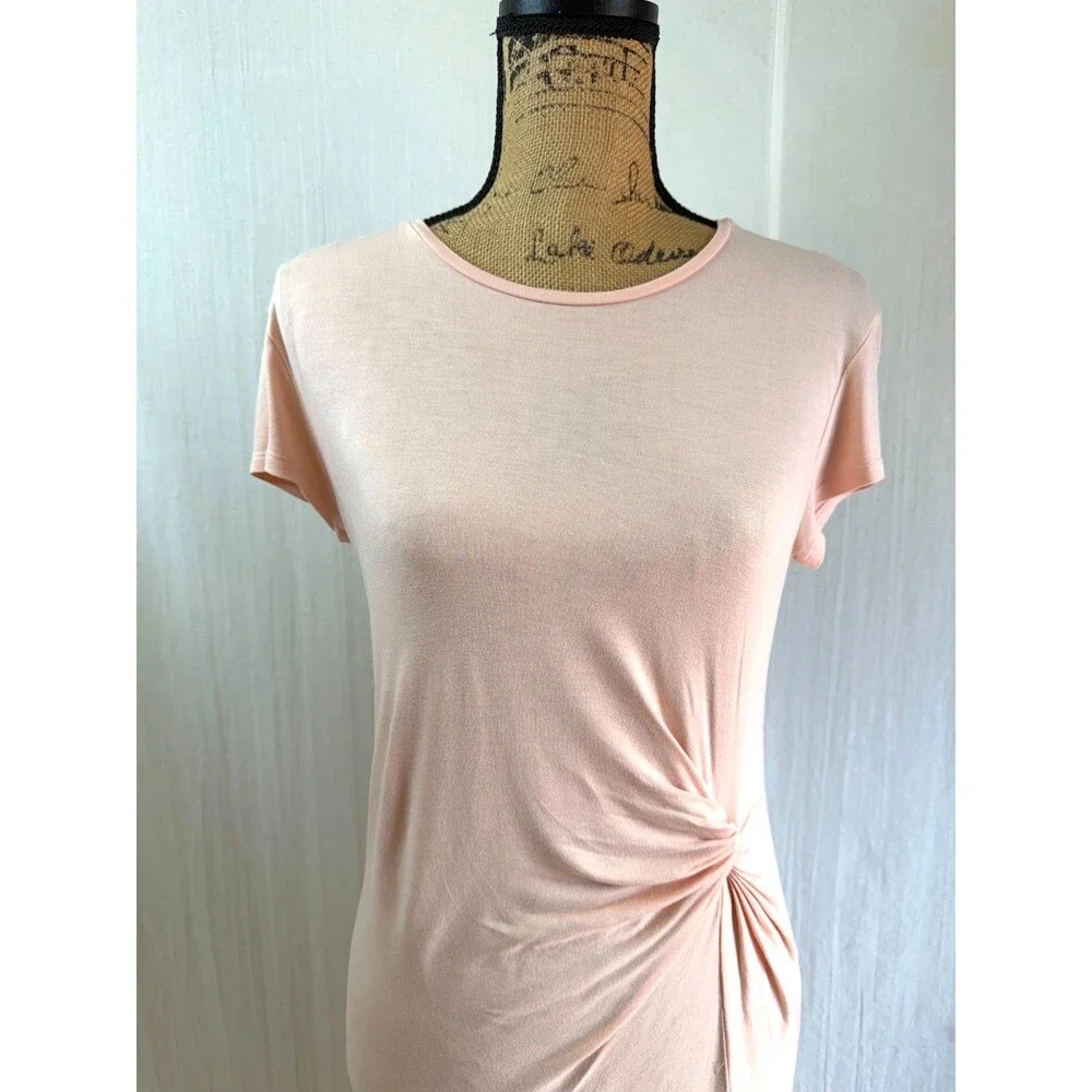 LOGG H&M Women Blush Pink Twist Front Midi Dress Short Sleeve Stretch Knit Sz S